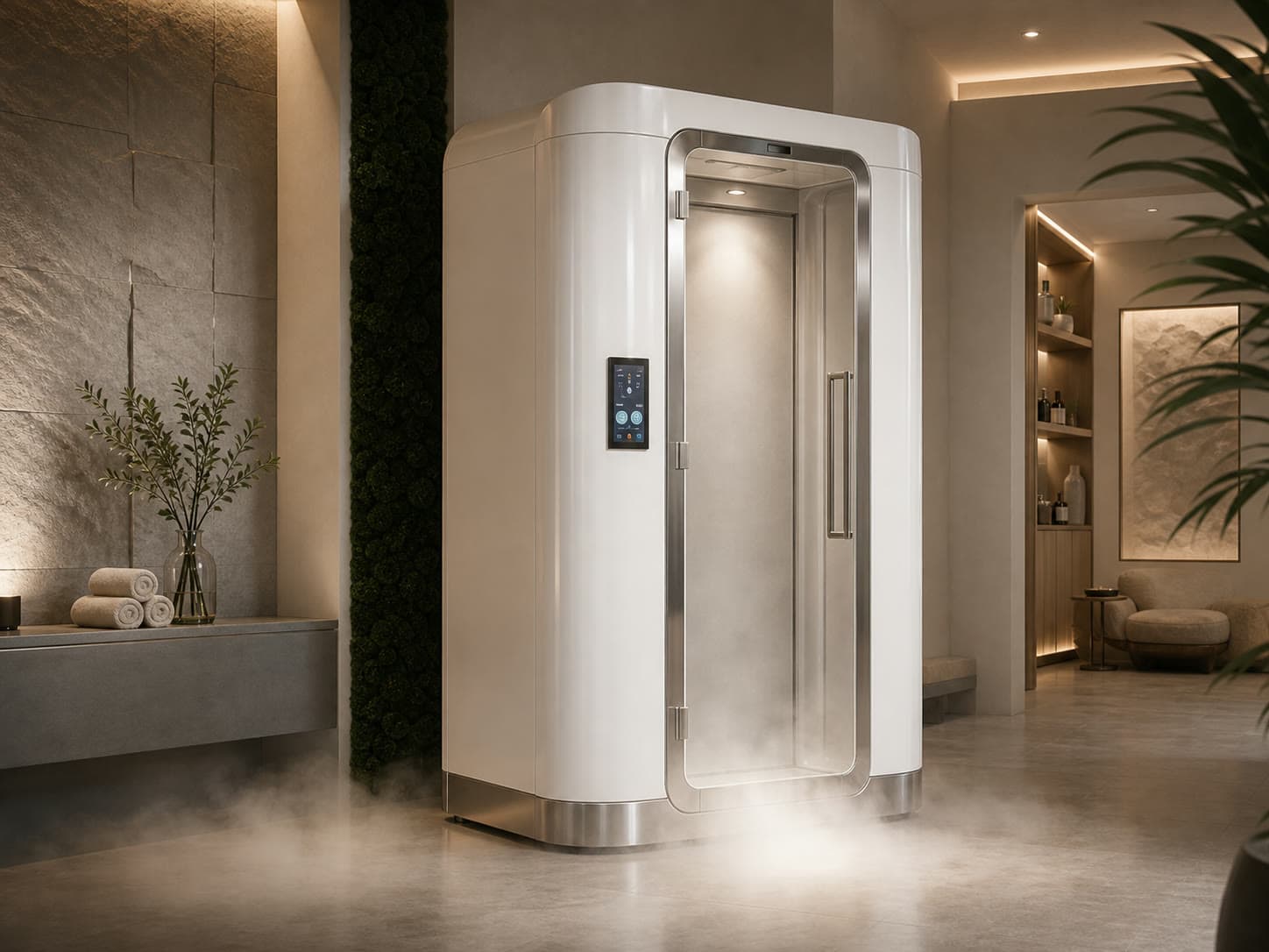Warm RINOVA cryotherapy suite with a white chamber and soft architectural lighting.