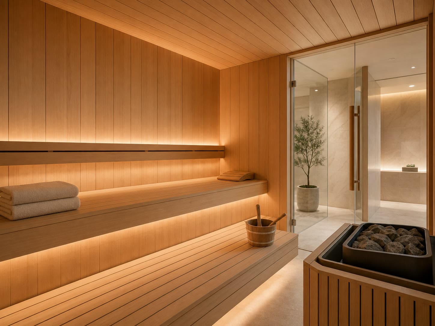Finnish sauna with pale wood, soft lighting, and quiet RINOVA materials.