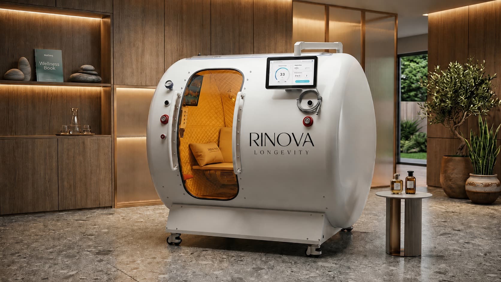 Hyperbaric oxygen therapy suite with warm lighting and a calm wellness-clinic setting.