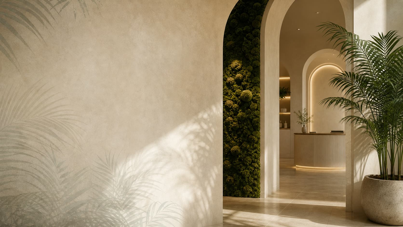 Warm RINOVA longevity sanctuary with palm shadows, moss wall, and arched treatment corridor.
