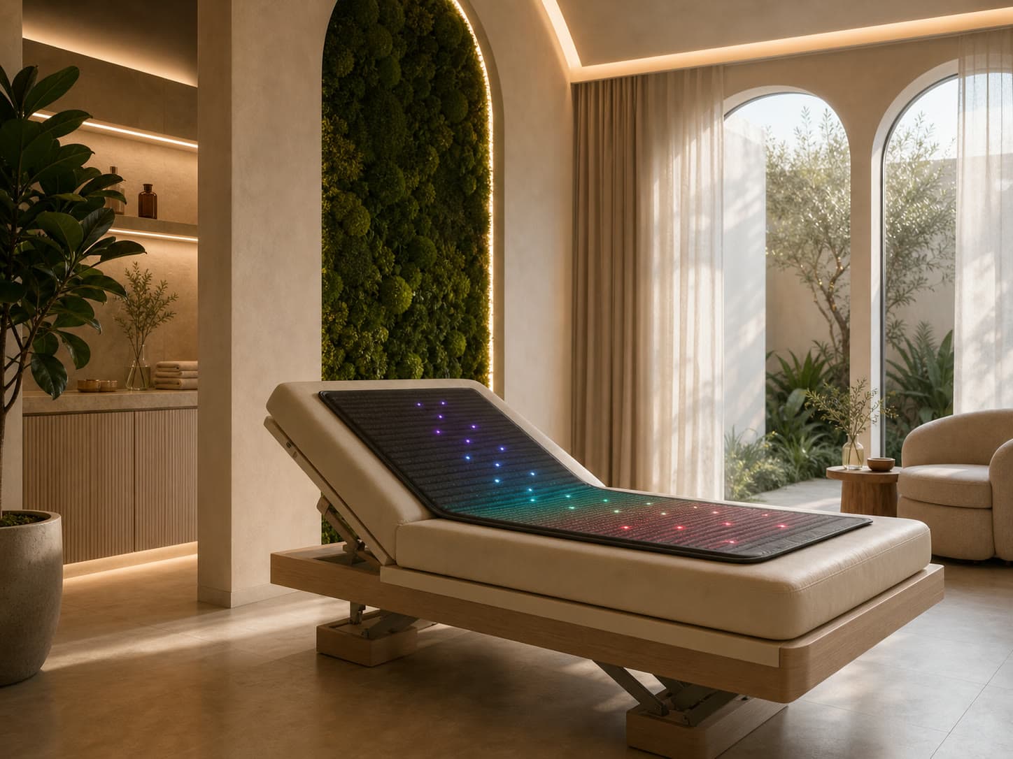 PEMF treatment room with warm architectural lighting.