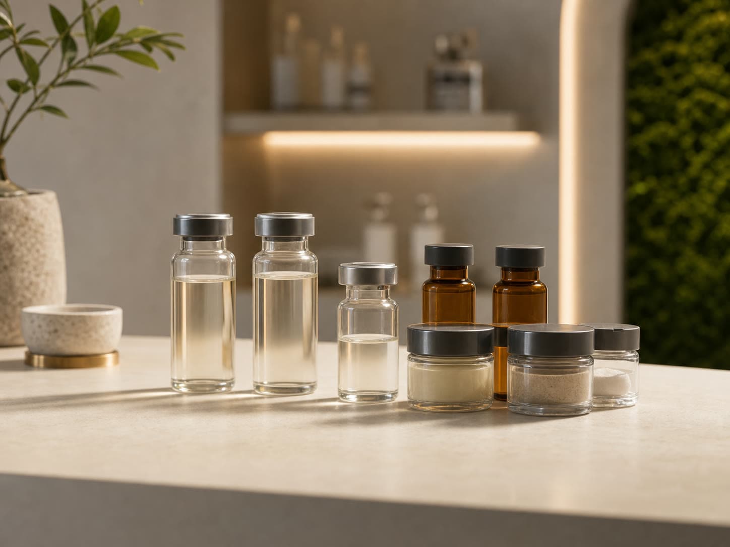 Regenerative therapy still life with vials and refined RINOVA treatment-room materials.