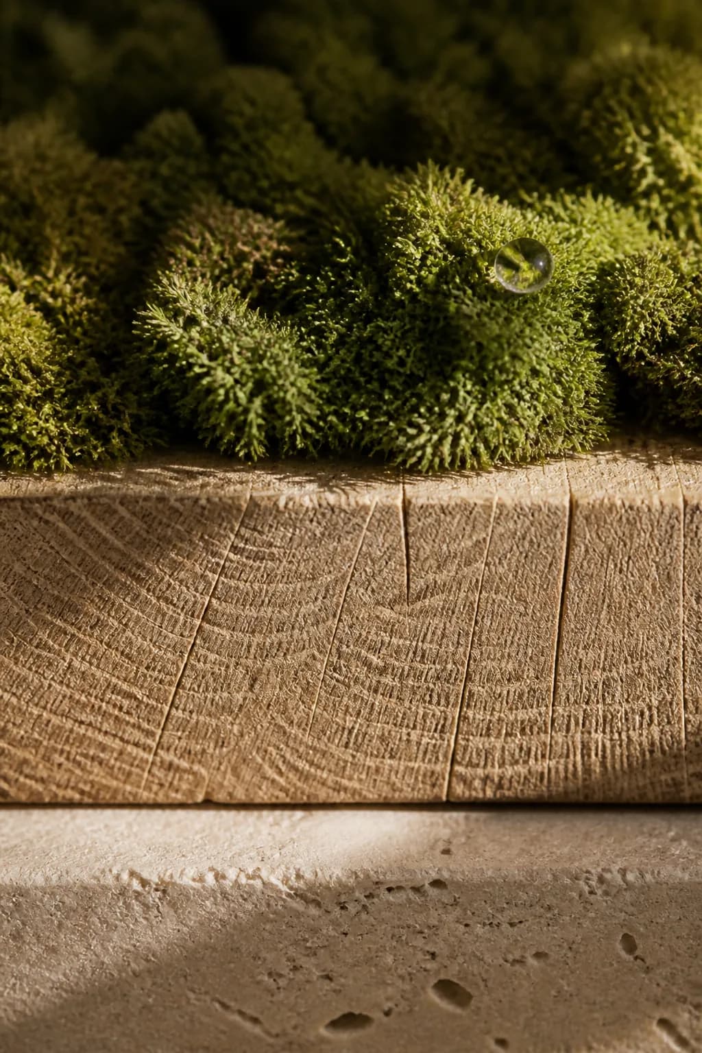 Moss, warm wood, and honed mineral material detail