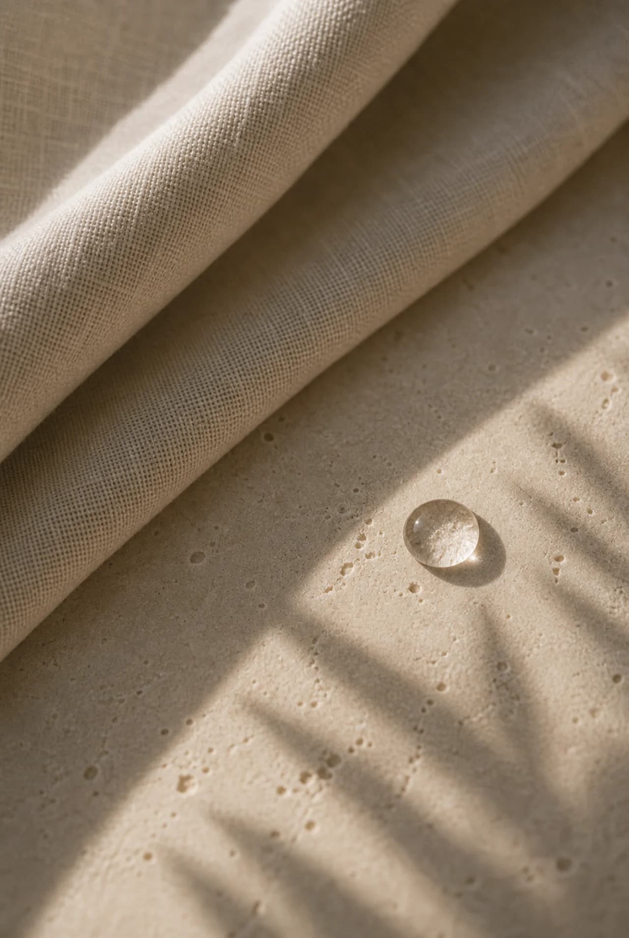 Cream linen folds, warm side light.